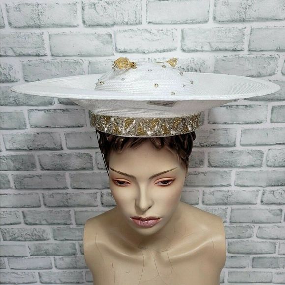 Vintage 80s 90s TIM CRAWFORD White Straw Rhinestone‎ Beaded Derby Cartwheel Hat main image 7